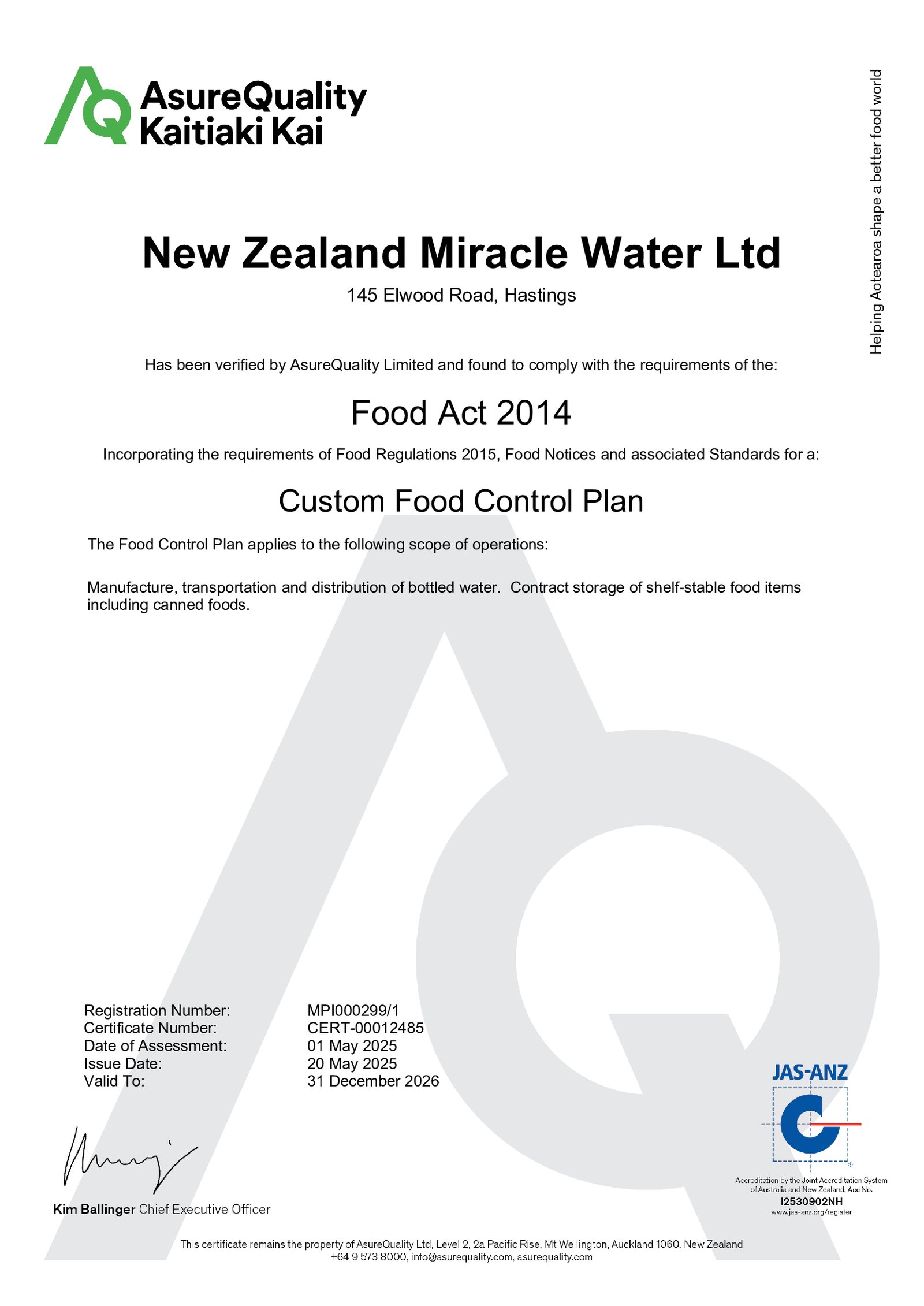 NZ Miracle Water — AsureQuality Kaitiaki Kai HACCP ID 797818