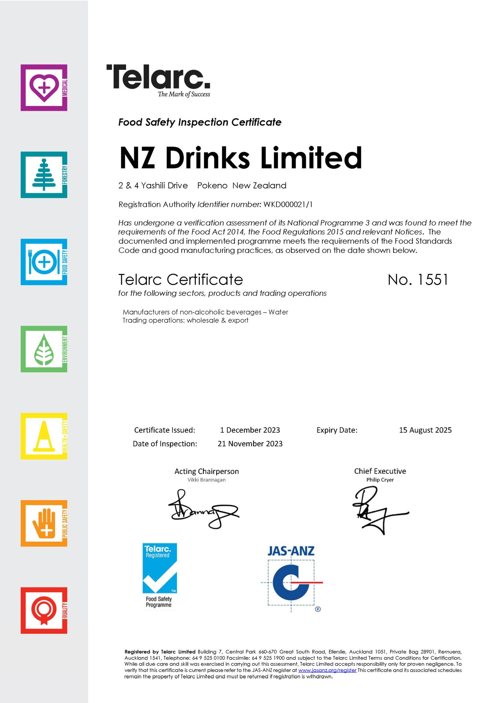 Pure NZ — Food Safety Inspection Certificate Telarc No. 1551